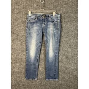 Rerock For Express Womens Capri Jeans Size 8 Blue Medium Wash Thick Stitch Y2K
